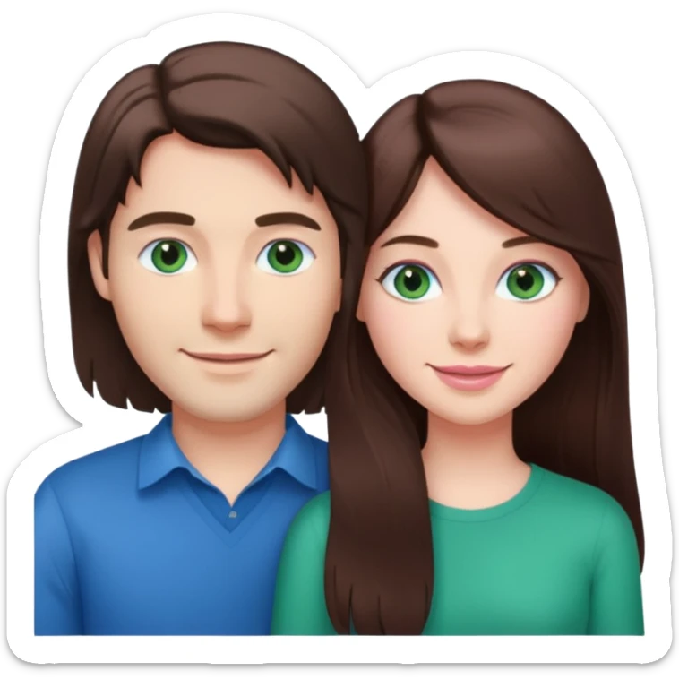 pink polaroid photo of a couple thats white with long brunette hair blue eyes and a white guy with short brunette hair and green eyes sticker