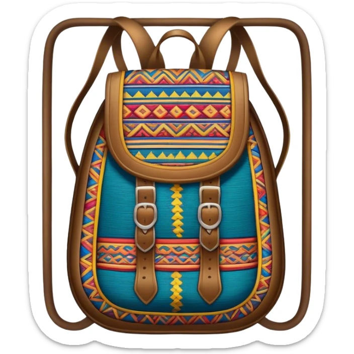 Cinematic Realistic image of a traditional Colombian mochila, rendered with detailed woven textures and vibrant patterns, set against a rustic backdrop with soft, cultural lighting sticker