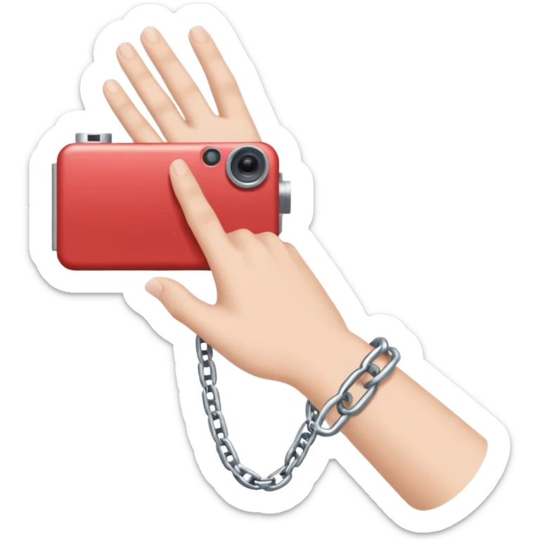 Minimalist emoji-style sticker of a human hand bound by a chain leading to a video camera. Icon-like, clean silhouette, muted tones. sticker
