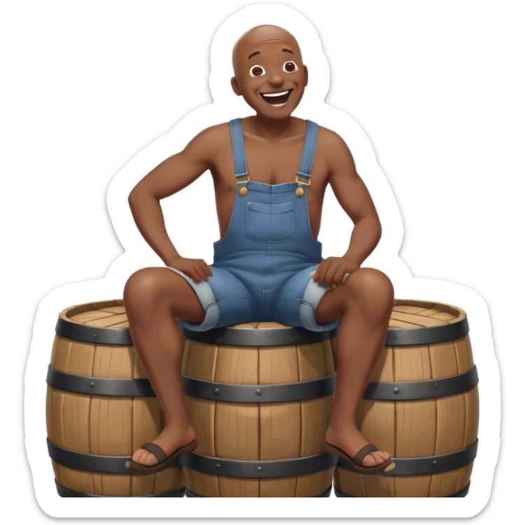 Side view Laughing telling story Old bald black man sitting on top of barrel wearing overalls no shirt sticker