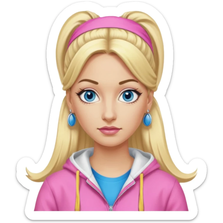 Me Julie from Ali G Indahouse with blue eyes, blonde long ponytail hair, pink outfit sticker