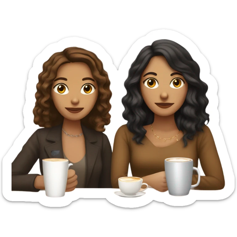 puerto rican woman light skin with shoulder-length, wavy, brown hair drinking latte with Italian florentine woman with black, straight hair drinking espresso at table sticker