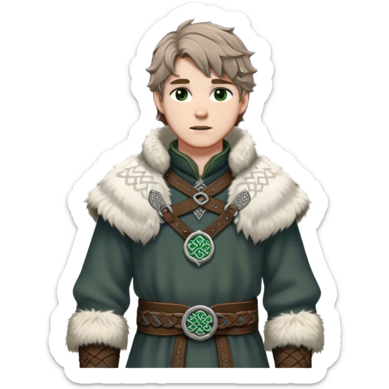 Medieval winter outfit worn by a DnD themed fantasy male character. Heavy charcoal wool tunic with arctic wolf fur lining, adorned with intricate iron clasps and a thick leather belt with celtic knotwork. Clothes only above the waist, full waist coverage. The character has no arms. Character is white-skinned with light brown hair, gray-green eyes, and short wavy hair dusted with winter's touch. sticker