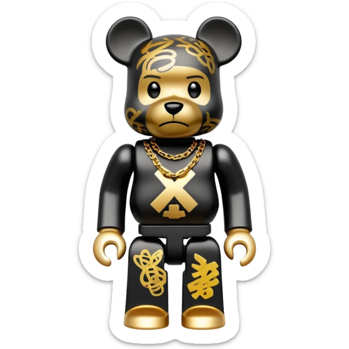 hustler bearbrick toy figure with graffiti print, X symbols instead of eyes, gold chain and money sticker