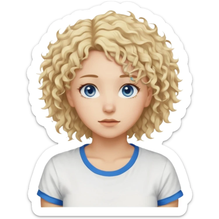 This is a 2D digital anime-style portrait of a female, caucasian, 29 years old light skin. The person has messy stray blond curly hair, round blue eyes.  sticker