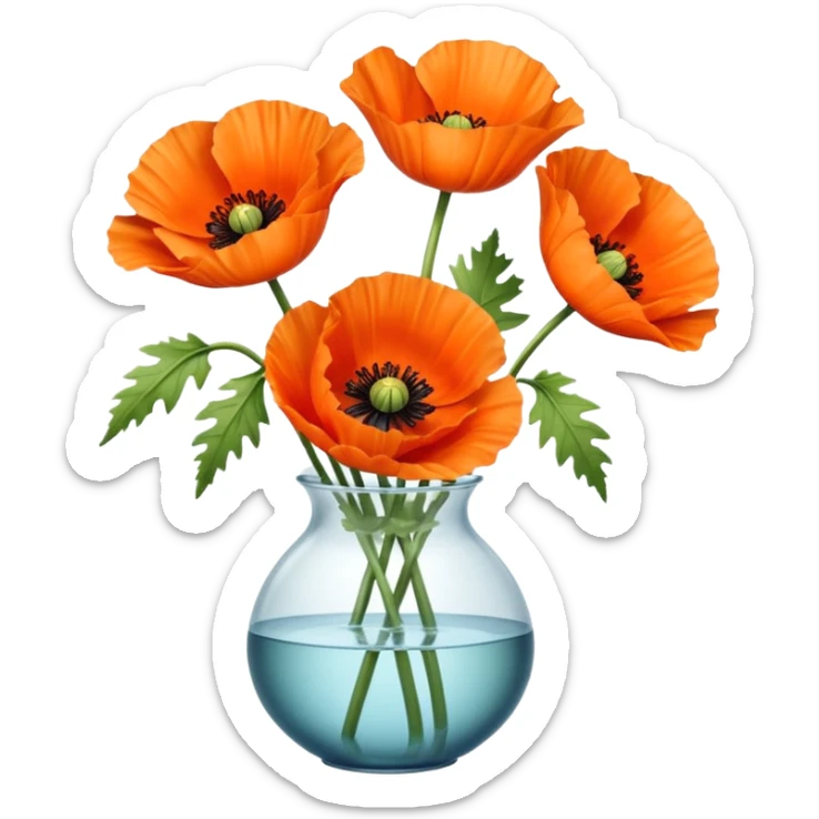 three big realistic orange poppy flowers in a clear vase with clear water sticker