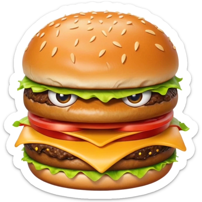 hyper realistic emoji of a bitten burger with a disgusted face, frowning eyes, tongue sticking out, expressive, emoji-like sticker