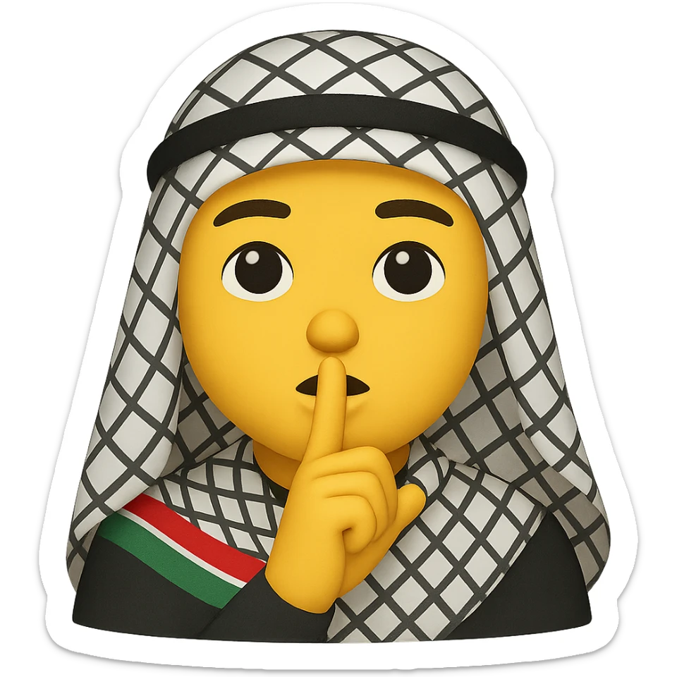 emoji of a person signaling silence ('shh'), wearing a kufiya scarf, with the Palestinian flag colors subtly present in the scarf pattern, simple, clear sticker