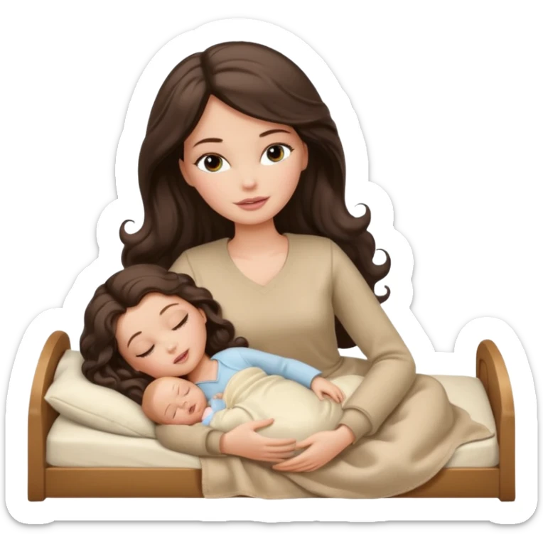 White Barbie girl dark brown long wavy hair in beige clothes sleeping with white baby at cream bed sticker