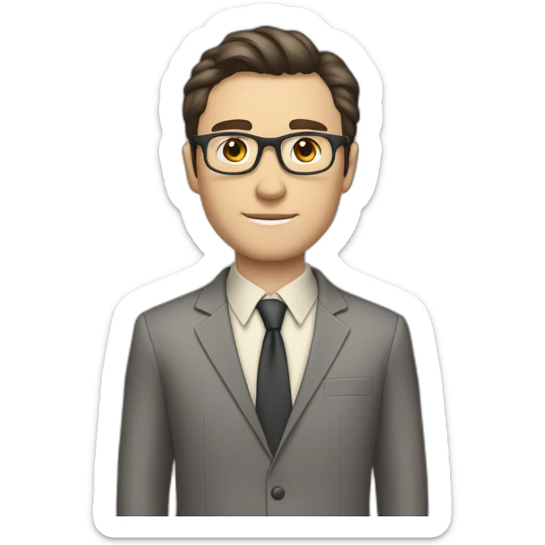 Full height Pale skinned Fit Man With dark brown hair in classic gray suit, beige office shirt, dark gray tie, and vintage glasses. His hands lock sticker