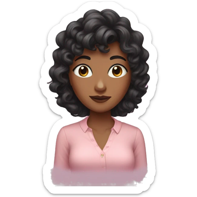 woman with long black curly hair and bangs and dark brown eyes, wearing a pastel pink blouse sticker