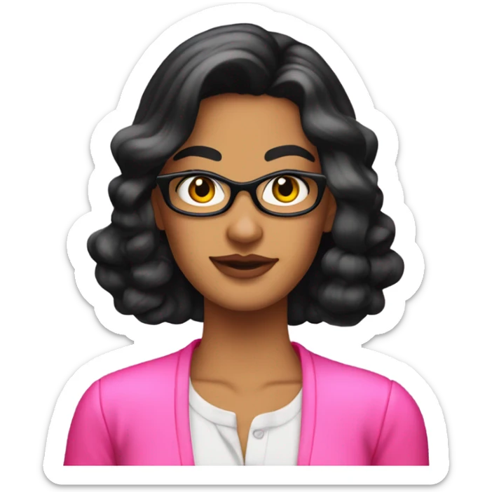 Tanned woman with long black hair dressed in Y2K preppy hair, makeup, and neon attire sticker