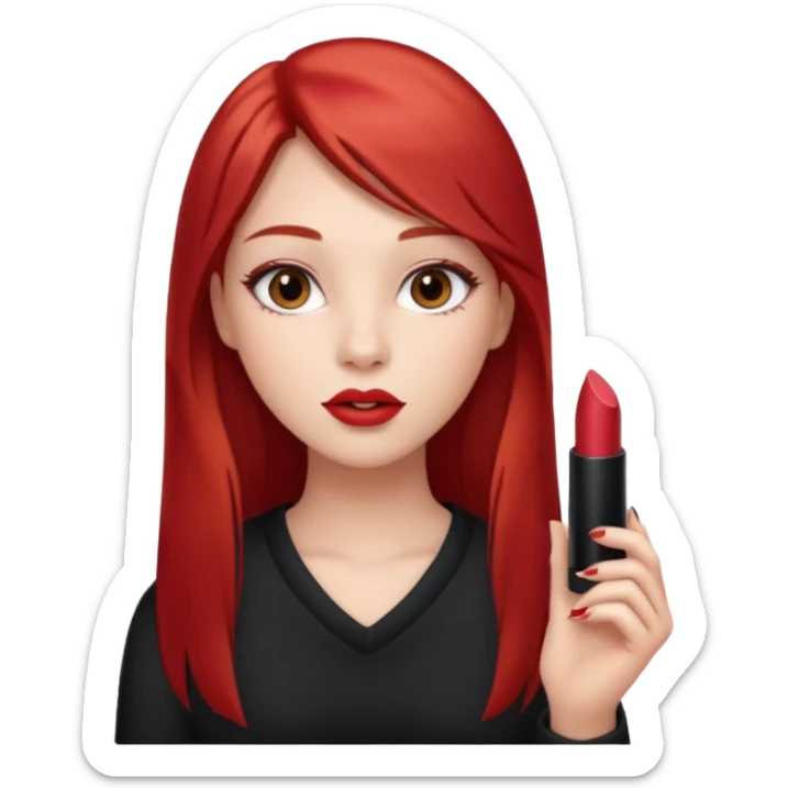 una chica con un pintalabios en la mano de 18 años, de piel blanca con el pelo liso, largo y pelirrojo, ojos marrones sticker