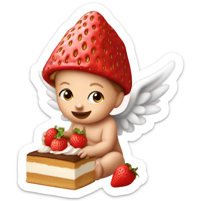 Little baby wearing a strawberry hat, with angel wings, eating tiramisu  sticker
