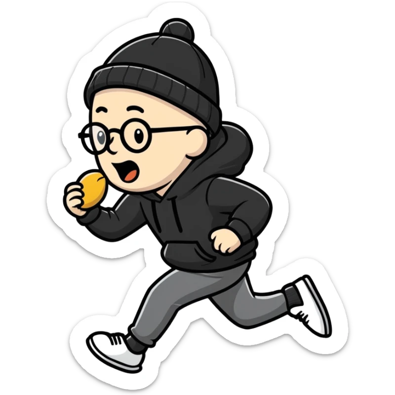 bald white guy with glasses, wearing a black beanie, black hoodie, running away from a peanut mascot sticker