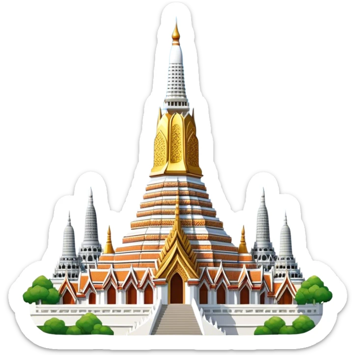 Cinematic Realistic Wat Arun Landmark Emoji, depicting the towering temple spires adorned with intricate porcelain mosaics sticker