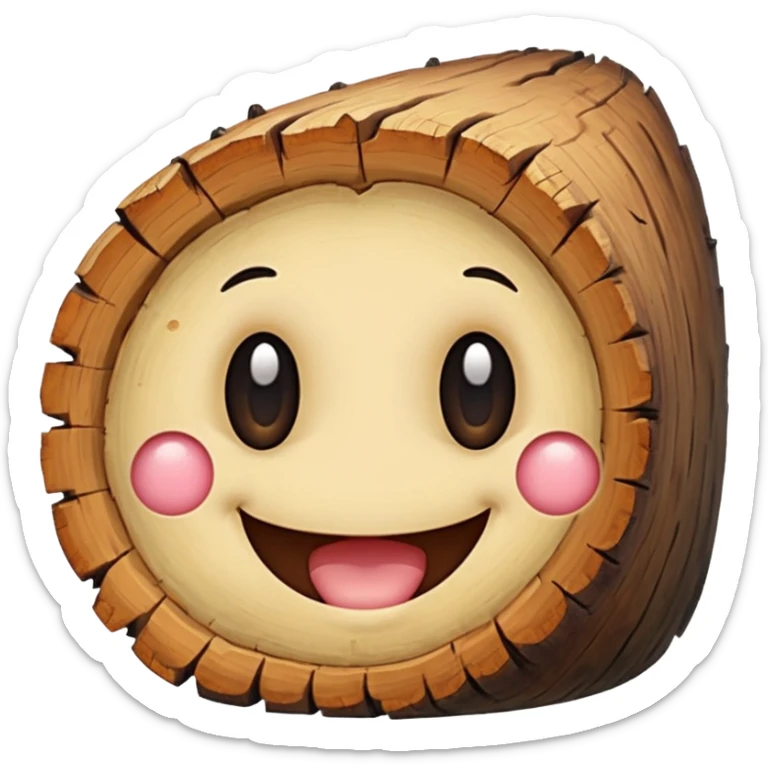 a log emoji. the top of the log is a smiley face with two small dots for eyes and a large U shape for the mouth. do not make the face look like an emoji. think of cute, subtle and hand-drawn sticker