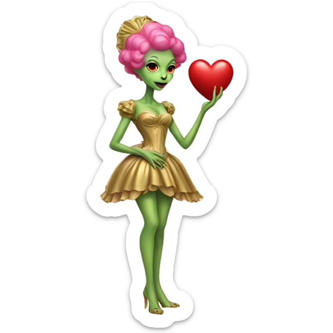 a green alien woman in Victorian gold dress, pink hair,holdig, red big hearth, full body sticker