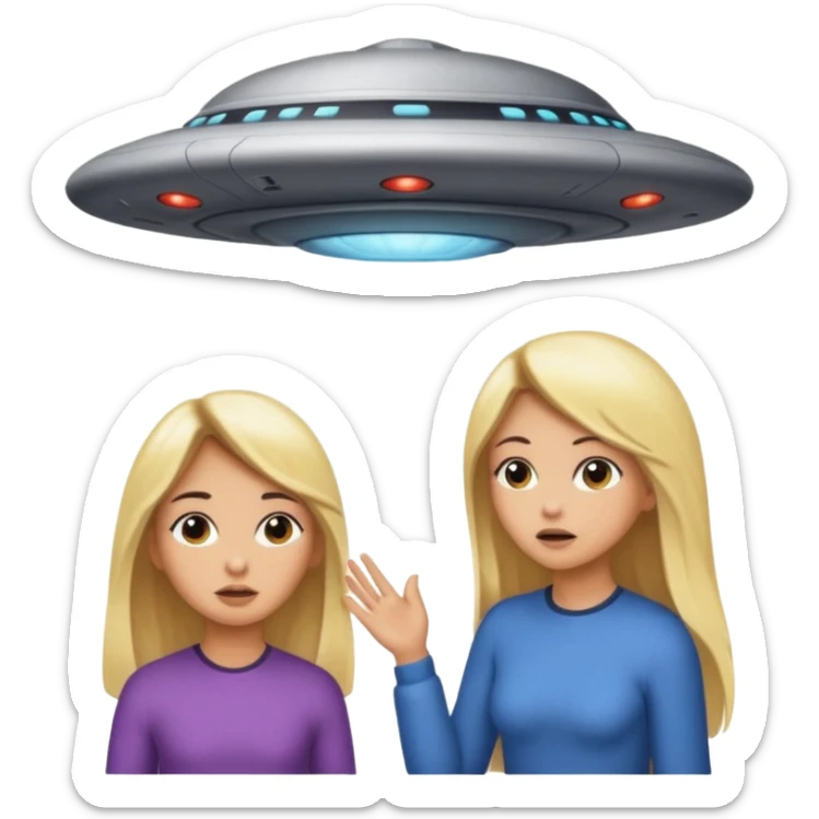 A girl with dark hair and a tan skin and a girl with long blonde hair getting sucked up by a ufo sticker