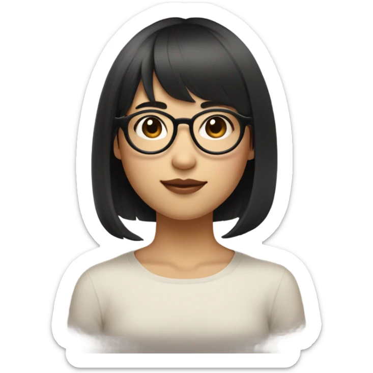 Asian girl with black layered short hair and bangs with round glasses pale mole between her nose and lips on the right flat nose sharp jawline bushy eyebrow sticker