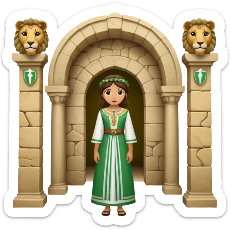 Andalousie drapeau 2 bande verte qui et une bande blanche au milieu avec une femme avec 1 lion de chaque coter d’elle sous un arc en pierre  sticker