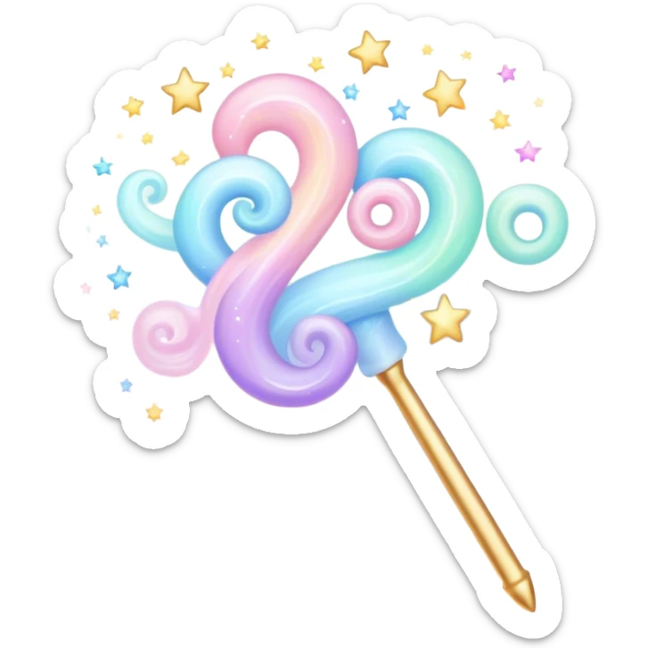 Cinematic cute magical wand, pastel swirls of color, tiny twinkling stars floating around, glowing softly, chubby rounded edges, whimsical and dreamy. sticker