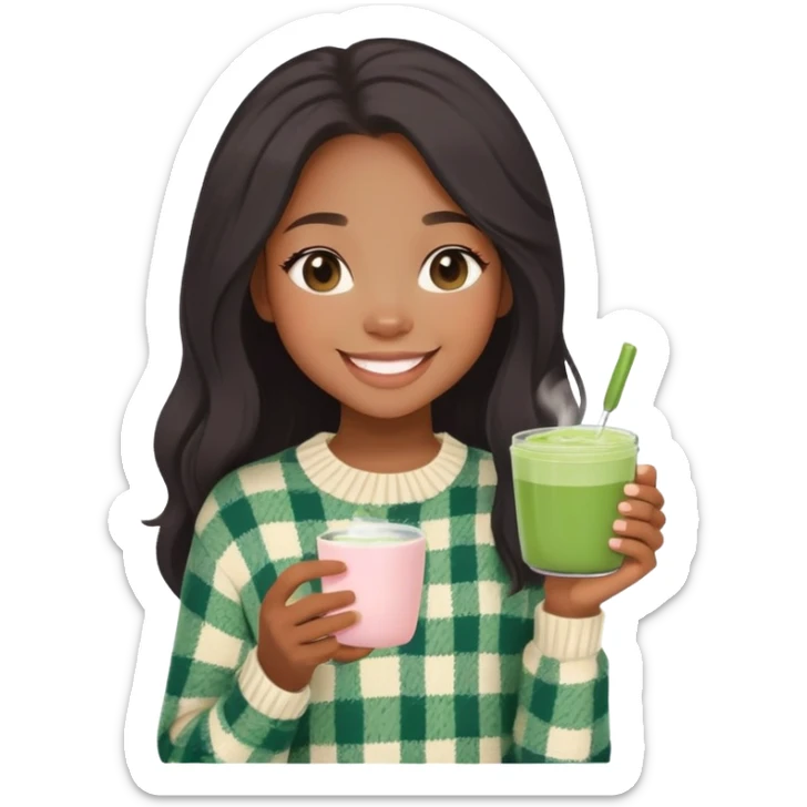 aesthetic black girl with light skin, long hair, wearing a cute cream colored sweater with a flannel shirt underneath, holding a matcha in her hand, cute minimal blush, smiling with teeth sticker