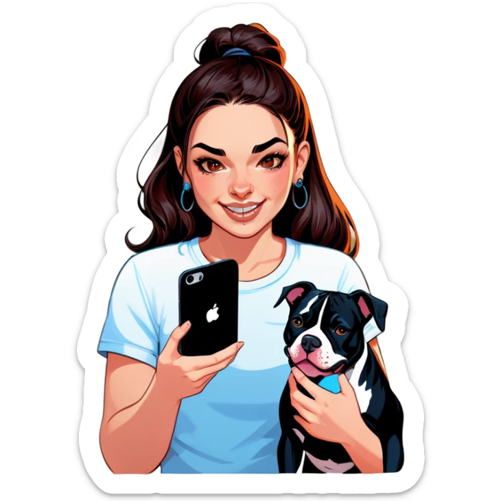 Slightly overweight beautiful girl with choppy long dark hair with her nose piercing and her black iPhone with her her pet pit bull girl with an underbite layed next to her sticker