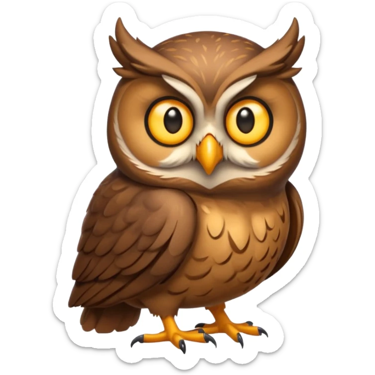Emoji chouette  brun clair, yeux jaunes brillants, bec recourbé, sagesse et puissance, perchée sur un cerf sticker