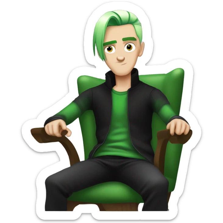 arafed man with green hair and a black shirt sitting in a chair, lil peep, similar to malfoy, style of seb mckinnon, green hair, bright green hair, burtonesque, elfpunk, he looks like a human minion, wry smirk sticker