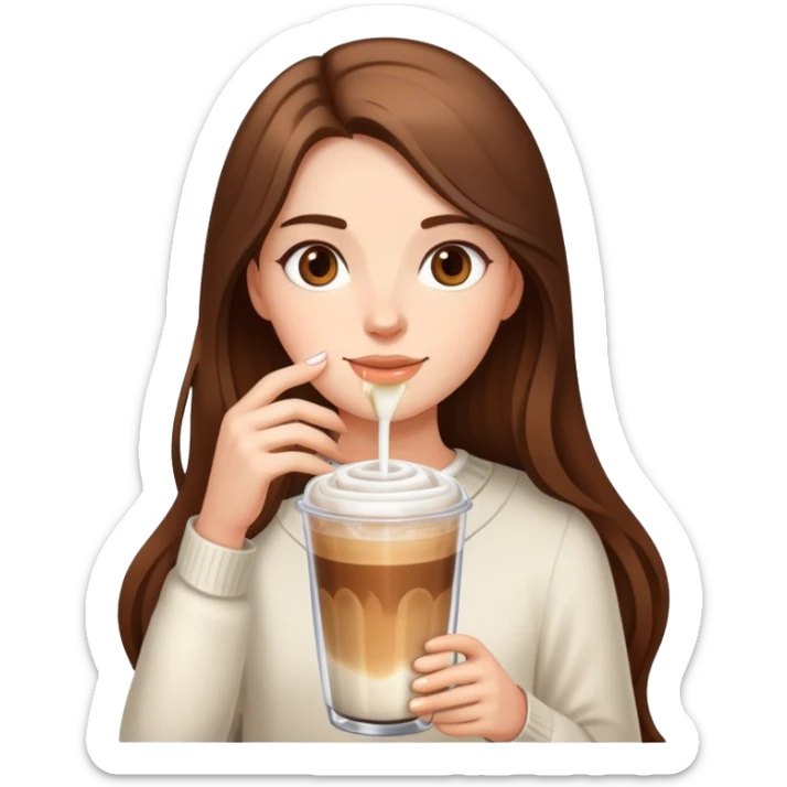 girl with long brown hair has ice latte coffee in glasse cup sticker
