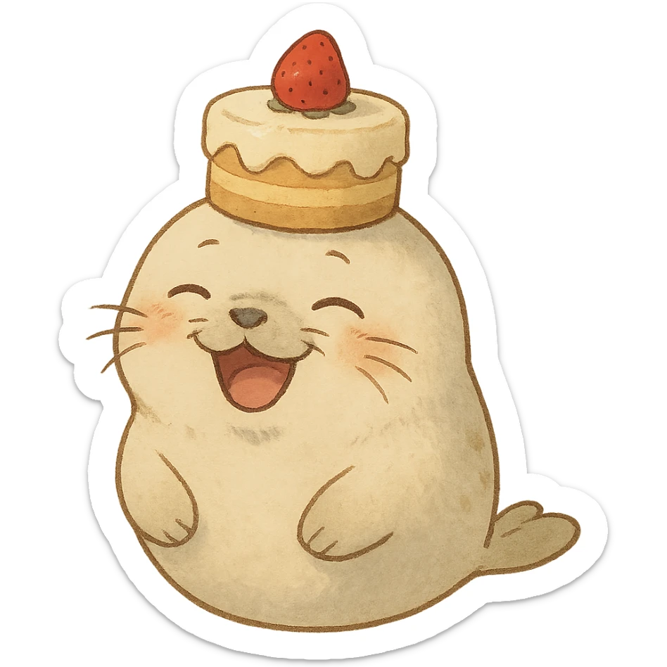 cutie baby seal balancing cake on head with laughing face in soft Ghibli style sticker
