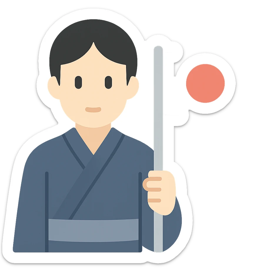 person in a traditional Japanese kimono holding the flag of Japan, color icon sticker