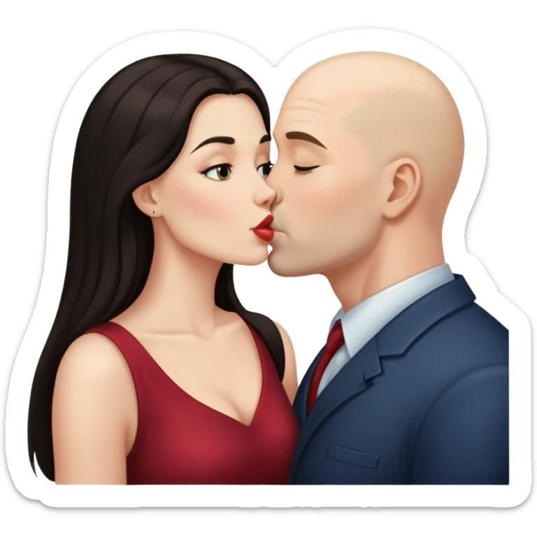 Beautiful woman with long dark hair, kissing a bald man sticker