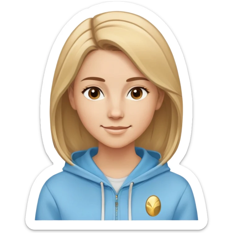 Caucasian female with oval face, straight brown-blonde mixed hair (more brown) with side part, serene smile, light blue sporty hoodie with gold and white fantasy details sticker