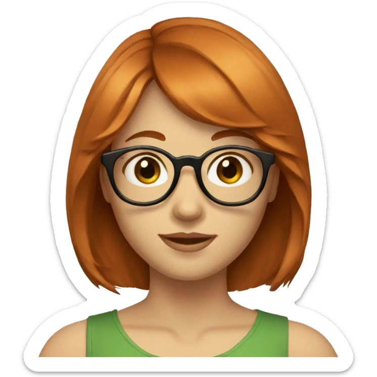 red haired woman with shoulder length hair and bangs and round brown glasses, light skin, green eyes sticker