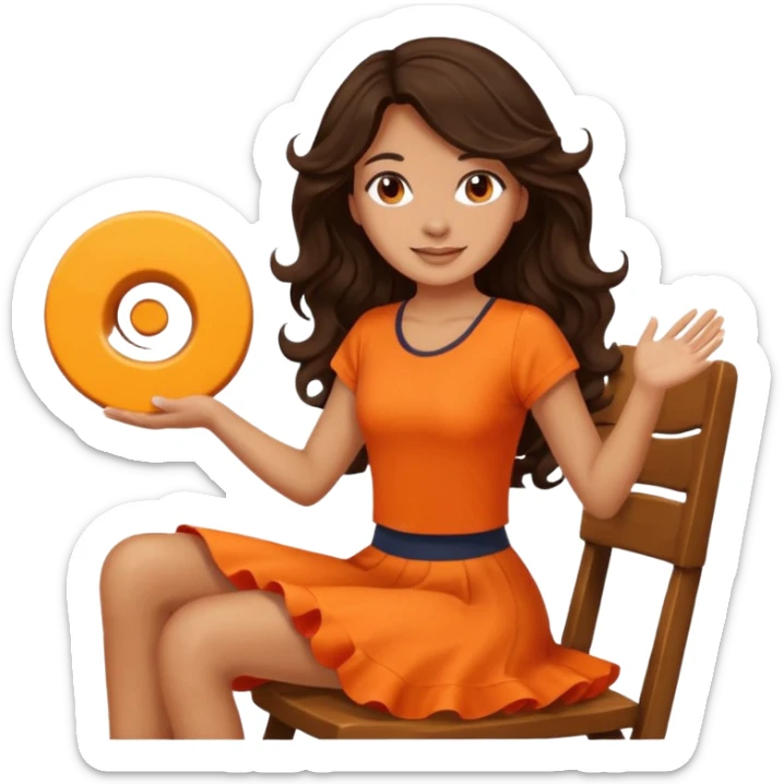 Twirling around a chair Long dark wavy hair women in orange top  sticker