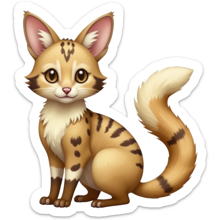 beautiful elegant pretty precious cute  Fakémon-Pokémon-opossum-feline-serval-caracal-chinchilla-Furret-Minccino-hybrid-creature with a big fluffy bushy tail (full body) sticker