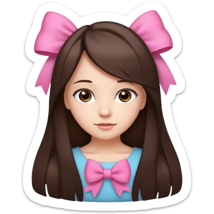 cute girl with dark long straight brown hair with pink bow in hair on te side sticker