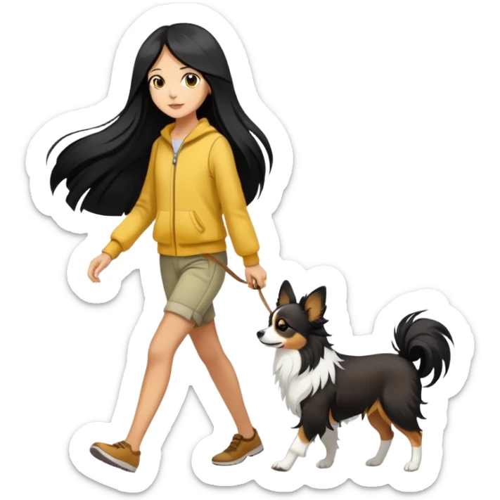 A girl with long black hair is walking a Papillon with yellow and white color sticker