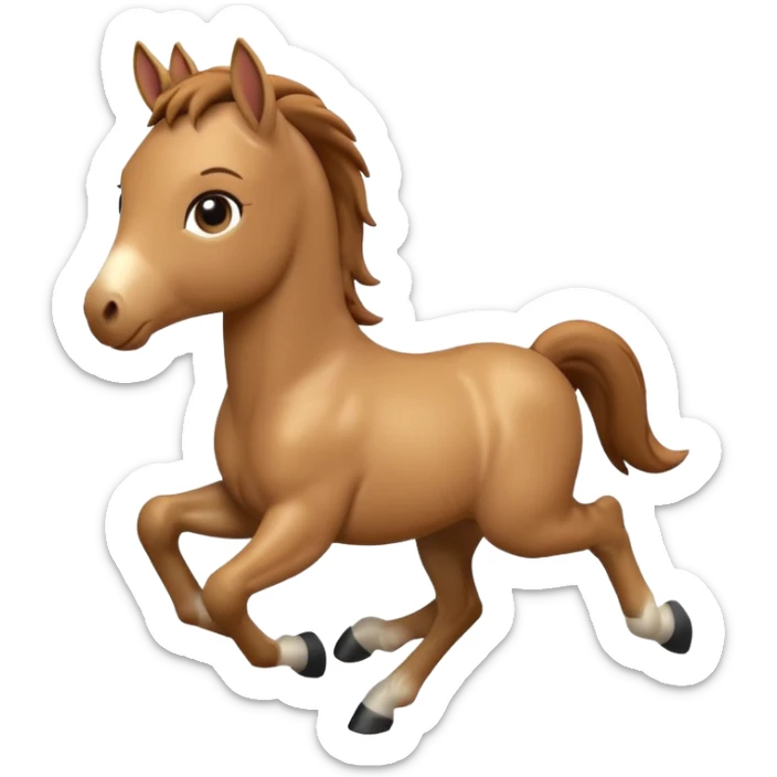 3D Apple-style emoji of a running foal. Small young horse with light brown body, short mane, big eyes, rounded and glossy, smooth shading, white background.

 sticker