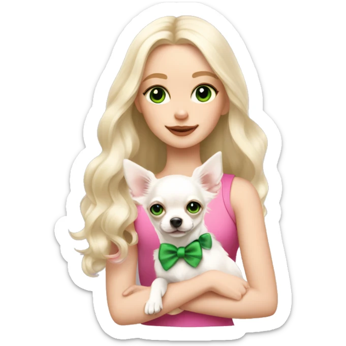 pale blond girl with wavy long platinum hair with green eyes holding a white chihuahua puppy that wearing a pink bow sticker