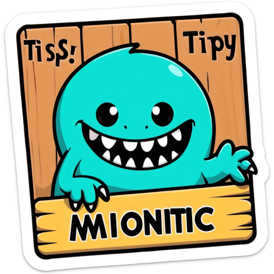 Fantasy tavern wooden sign with "Tipsy Mimic" name, with monster teeth and tongue sticker