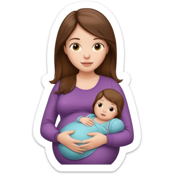 "Pregnant woman sitting with long brown hair and fair skin, holding a baby with short brown hair and fair skin." sticker