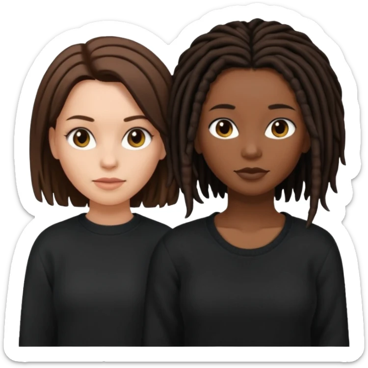 white woman brunette with very short hair and a black top. And black woman with long dread locks with a black sweater  sticker