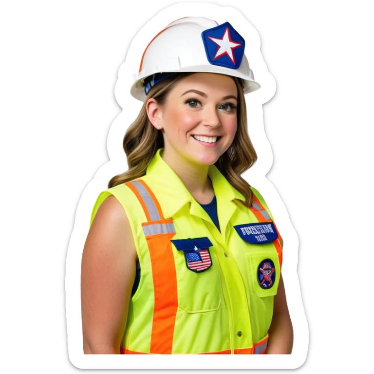  caitlin clark is a construction worker wearing a patriotic dress with a neon yellow safety vest over the dress. she also has a hard hat and a patriotic patch on the vest sticker