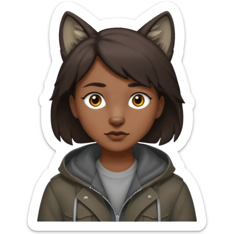 Hobo tomboy with dark brown hair in a wolf cut style that is parted in the middle. brown eyes, dark dull brown coat, grey shirt. sticker