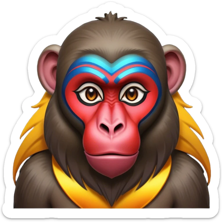 Cinematic Noble Mandrill baboon Portrait Emoji, Poised and regal, with a striking, powerful build and a vivid, deep-set soulful eyes, Simplified yet sharp and sophisticated features, highly detailed, glowing with a vibrant, dignified glow, high shine, intelligent and commanding, stylized with an air of exotic majesty, focused and attentive, soft glowing outline, capturing the essence of a watchful and confident primate, so majestic it feels as though it could step out of the screen with effortless authority! sticker