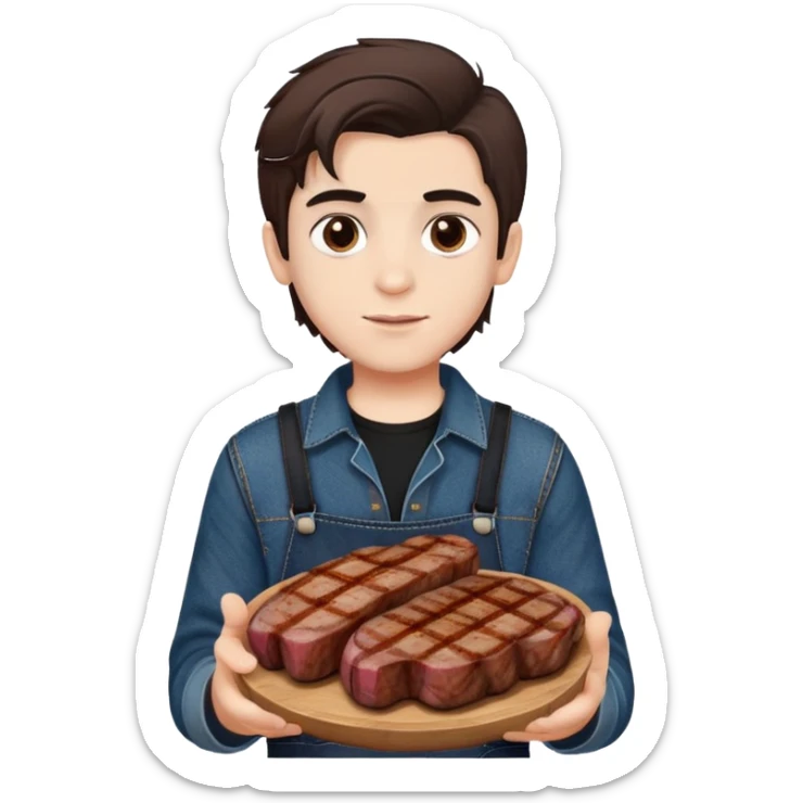 Turkish beautiful finish Konya boy white skin and good hair and brown eyes with black and denim clothes and had on his hand grilled meat sticker