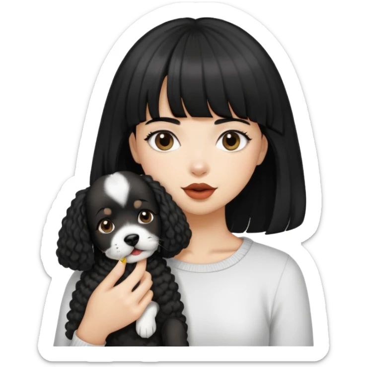 A black long straight hair girl with bang, holding a black short curly hair dog whose hair around mouth is white. sticker